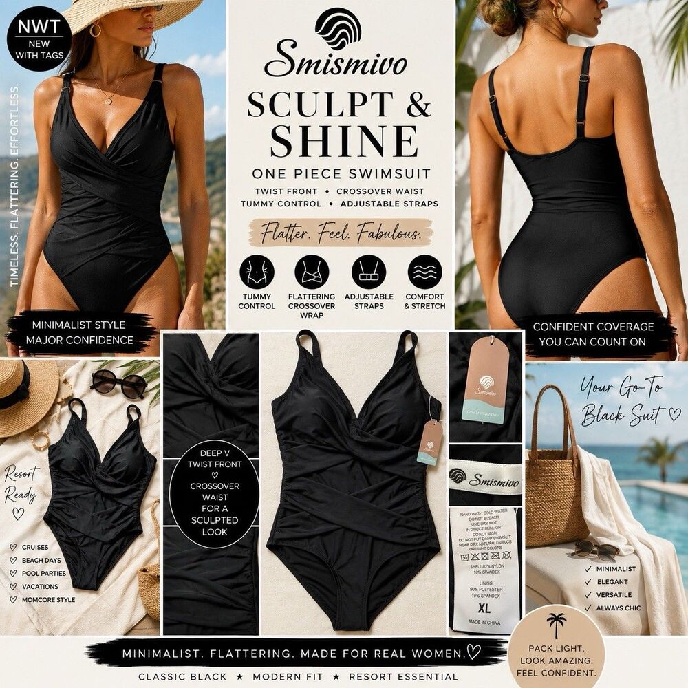 NWT SMISMIVO XL Black Swimsuit Tummy Control Wrap Band Front Minimalist Vacation